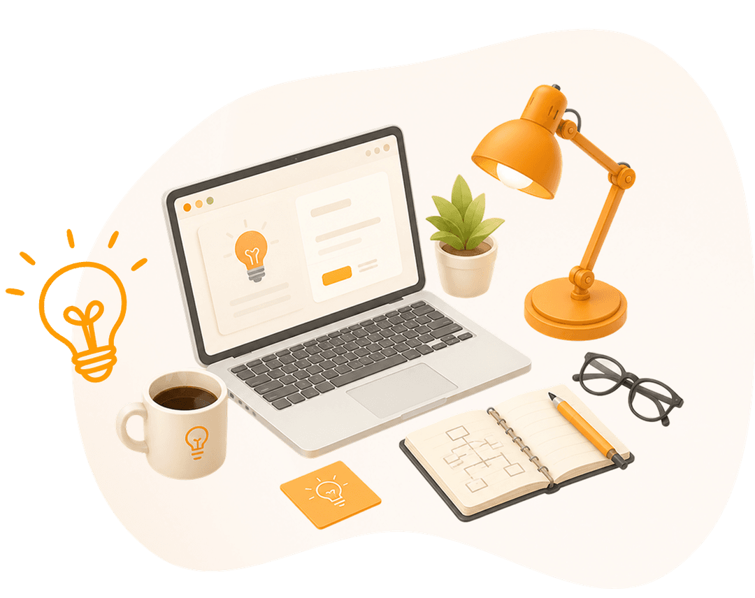 Workspace with laptop, lamp, coffee and notebook illustration