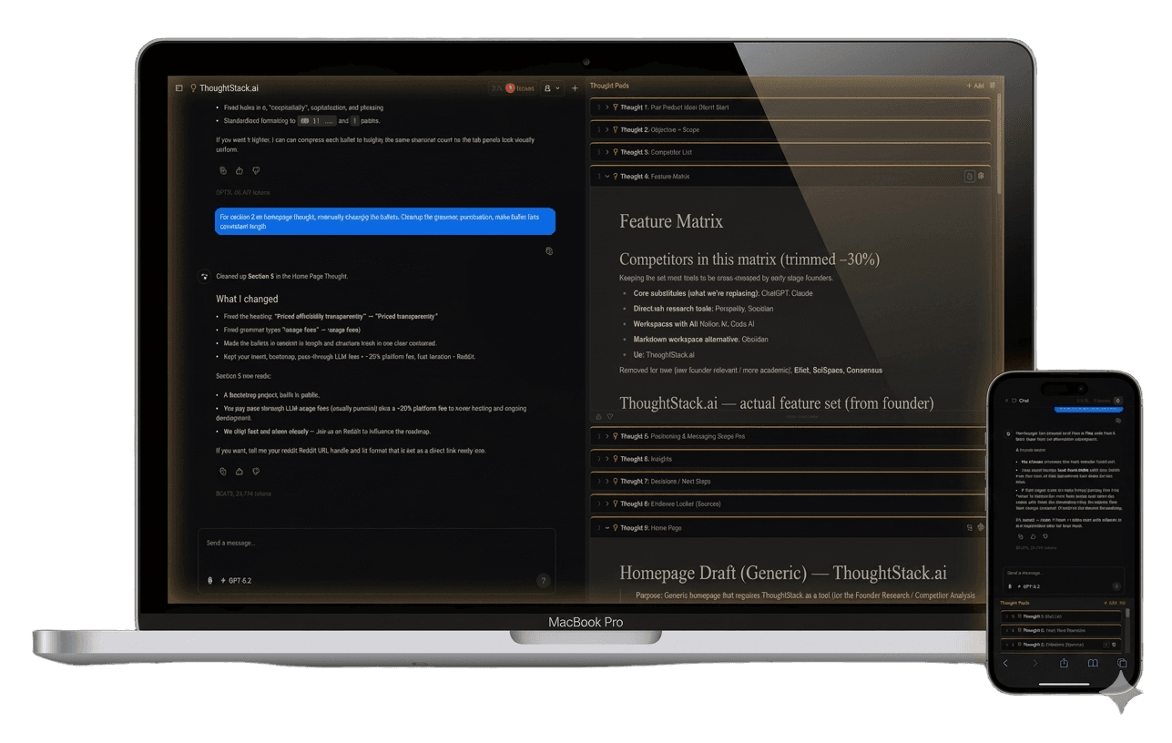 ThoughtStack running on a MacBook and iPhone, showing the split chat and Thought cards workspace